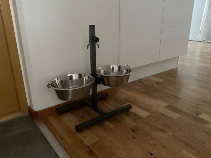 Ställbar mat- och vattenskål för hund i metall