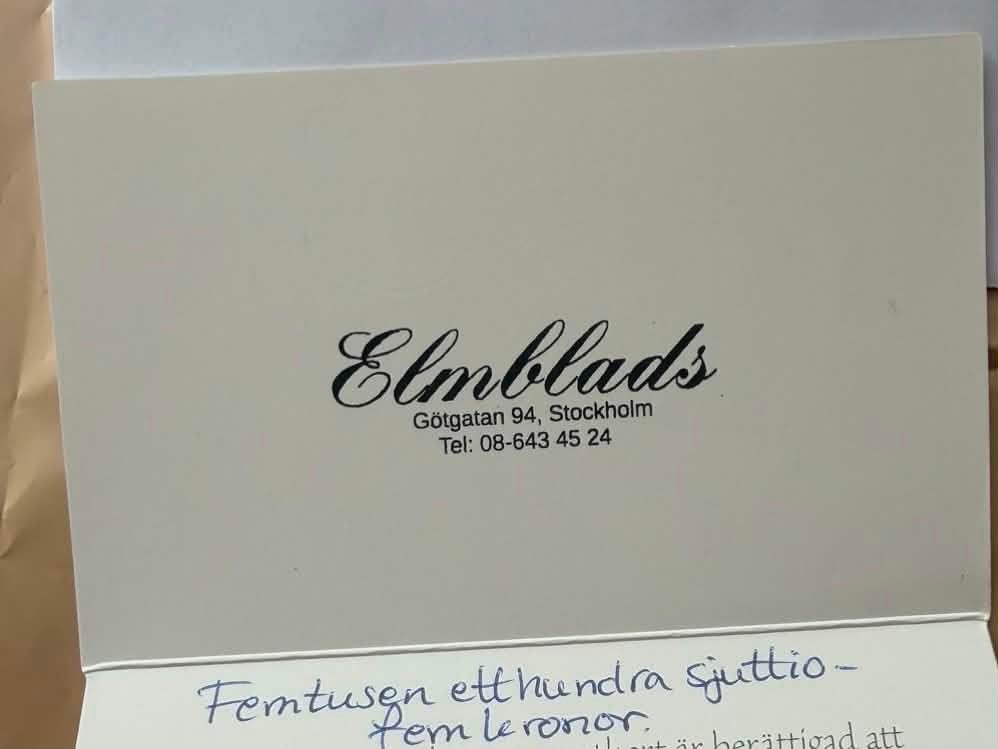 Tillgodohavande + kvitto, Elmblads Guld 5 175 kr